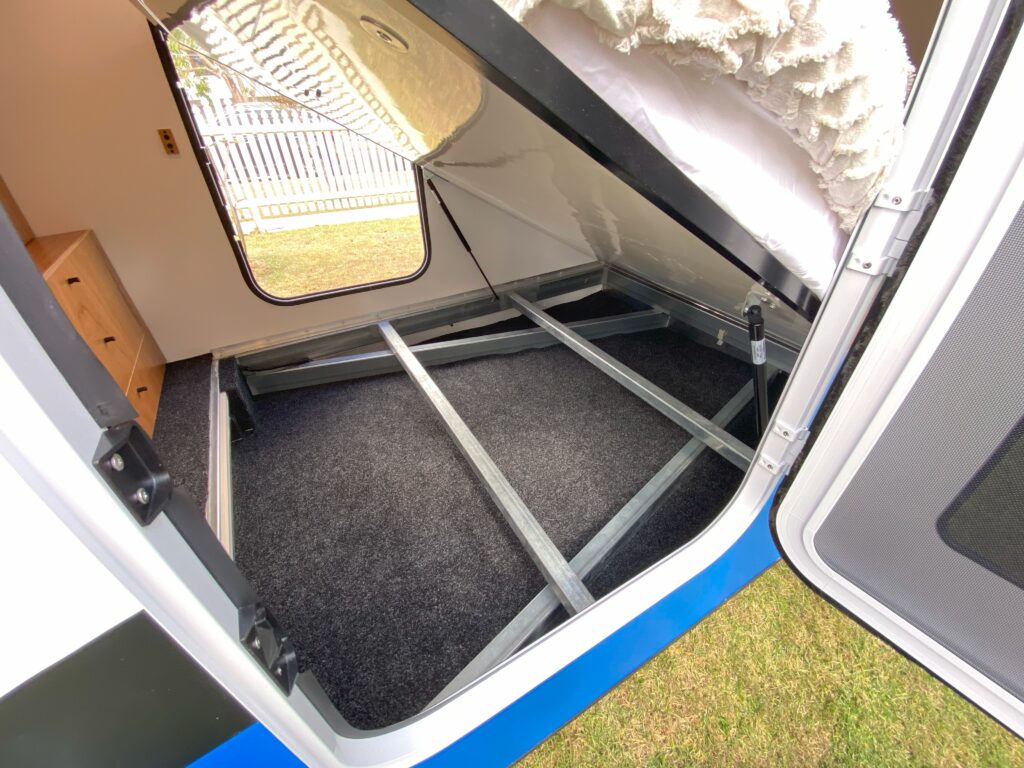 Internal storage inside a JAG Teardrop Camper for towing payload planning