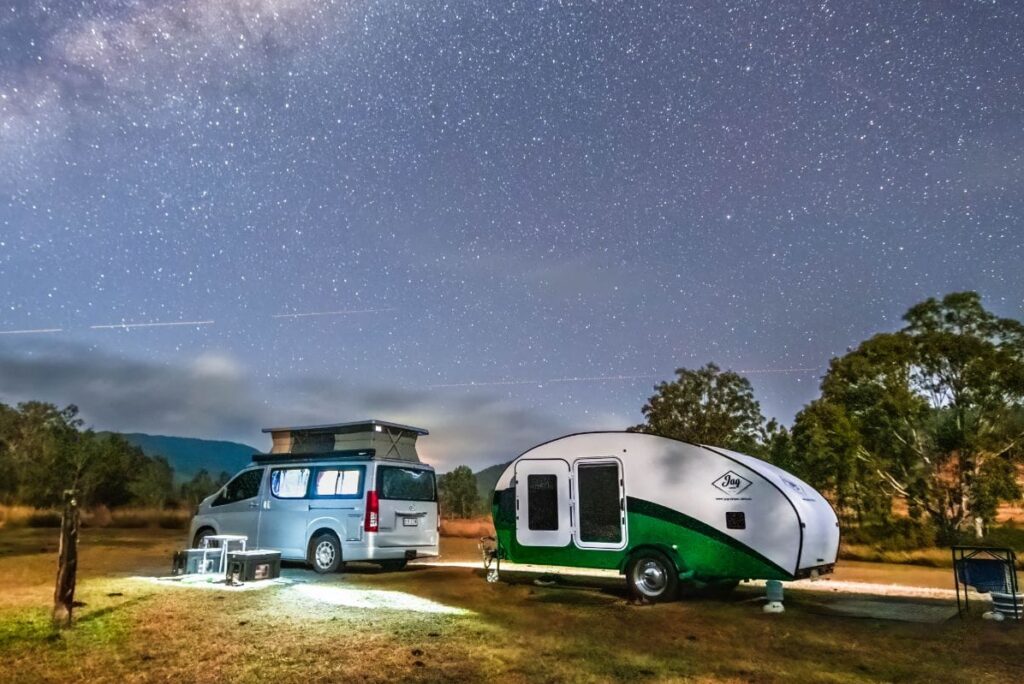 JAG teardrop camper under a galaxy