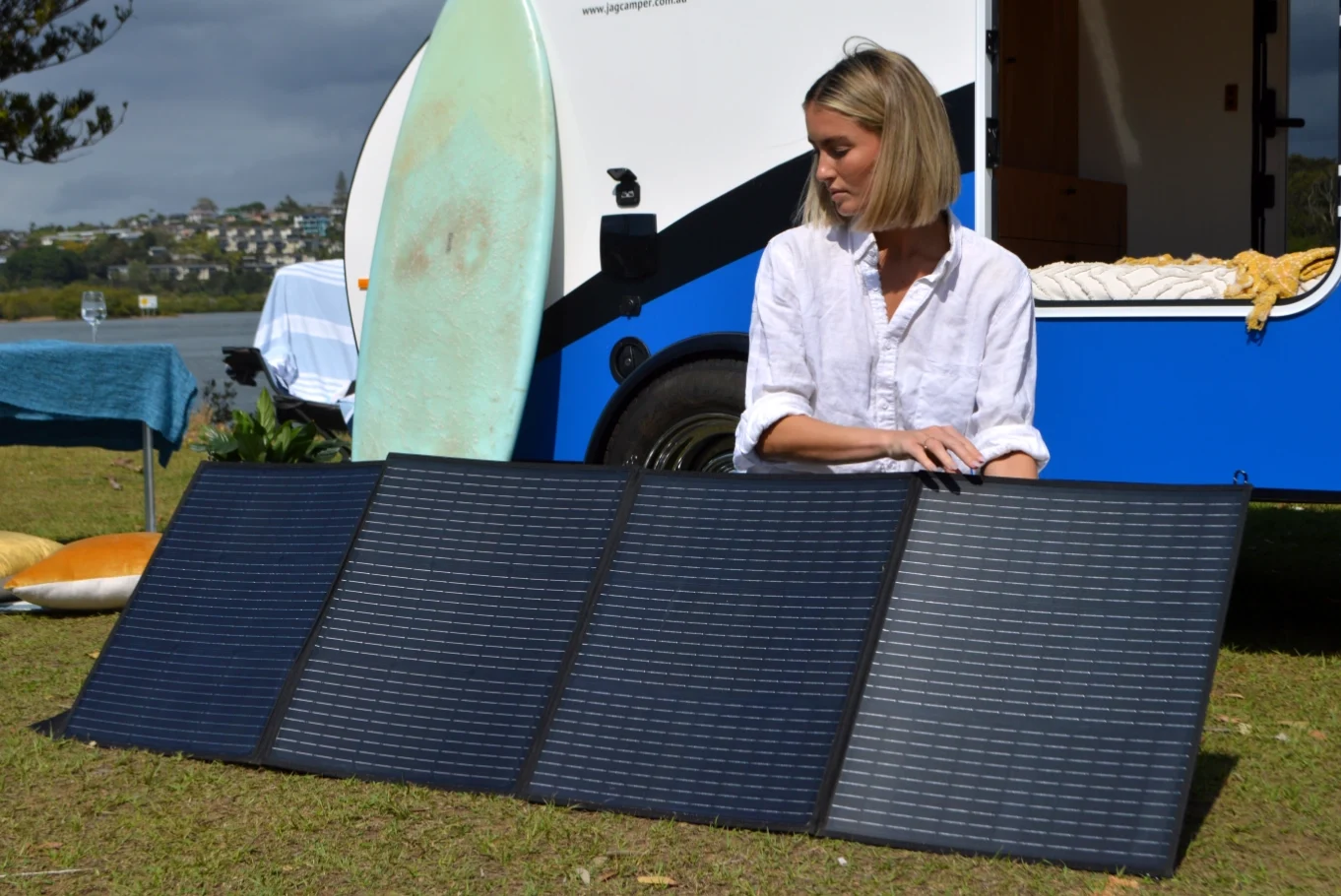 Solar charging setup on a premium teardrop camper