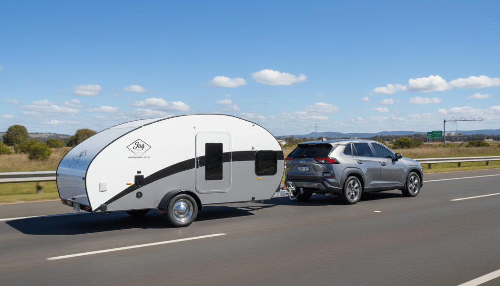 JAG TD being towed by a compact SUV on an Australian highway