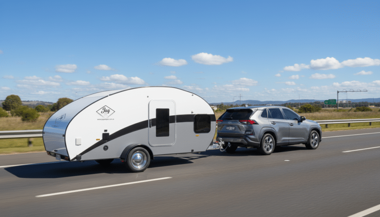 JAG TD being towed by a compact SUV on an Australian highway