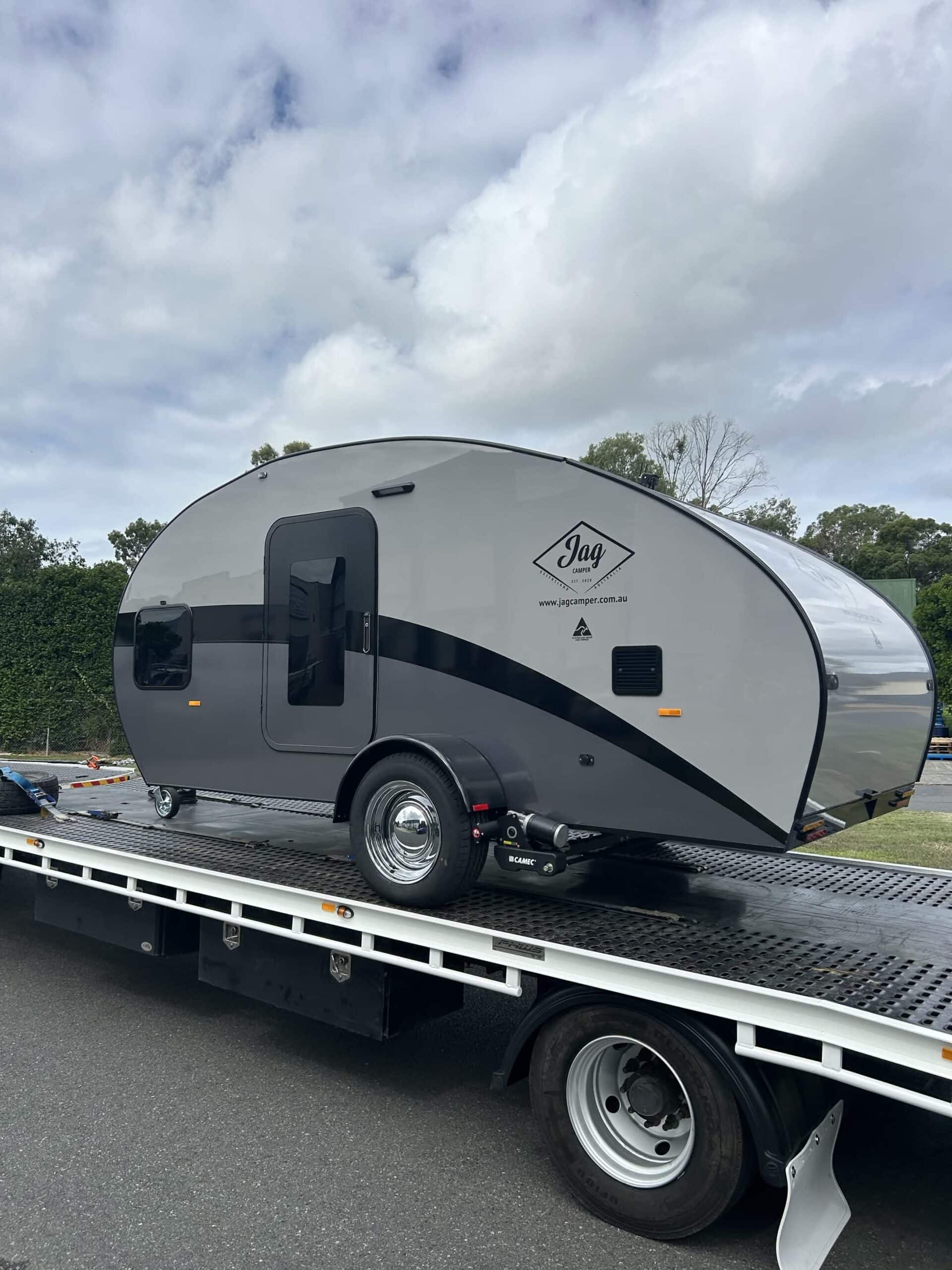 Scott and Christina JAG Teardrop Camper being transported to Phillip Island