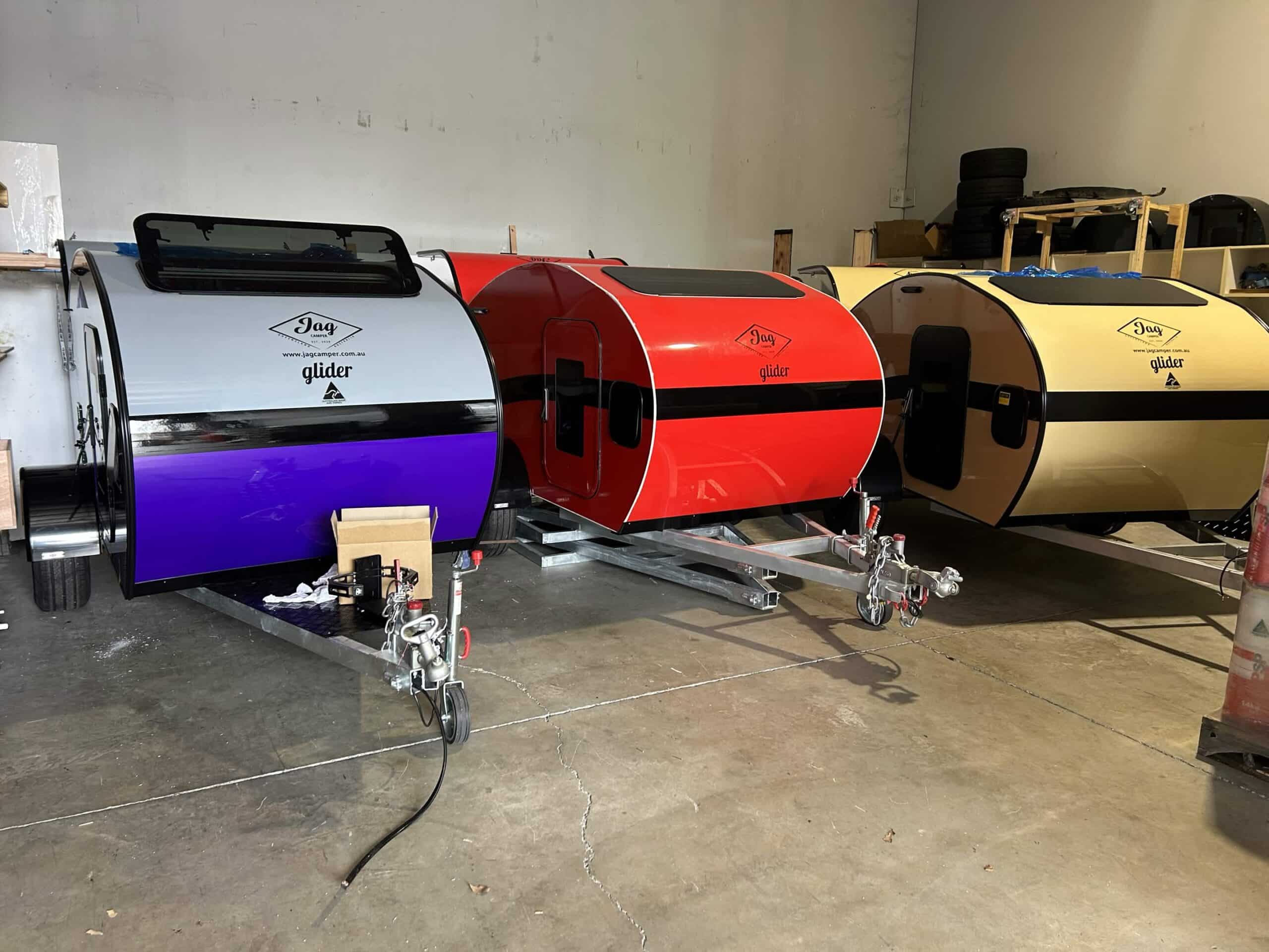 JAG Glider lightweight camper trailers in the Brisbane factory