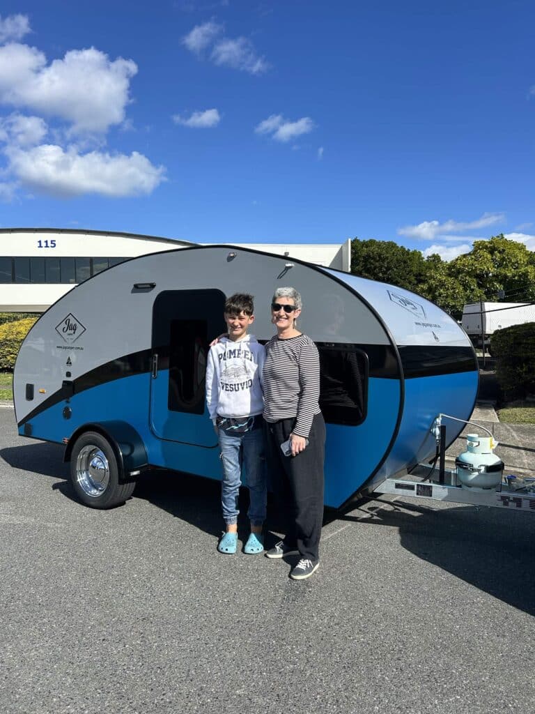 JAG Teardrop Campers customer handover with Anne-Marie's Blue Satin Ocean Shimmer camper