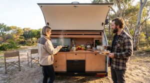 Premium lightweight JAG camper rear kitchen at campsite