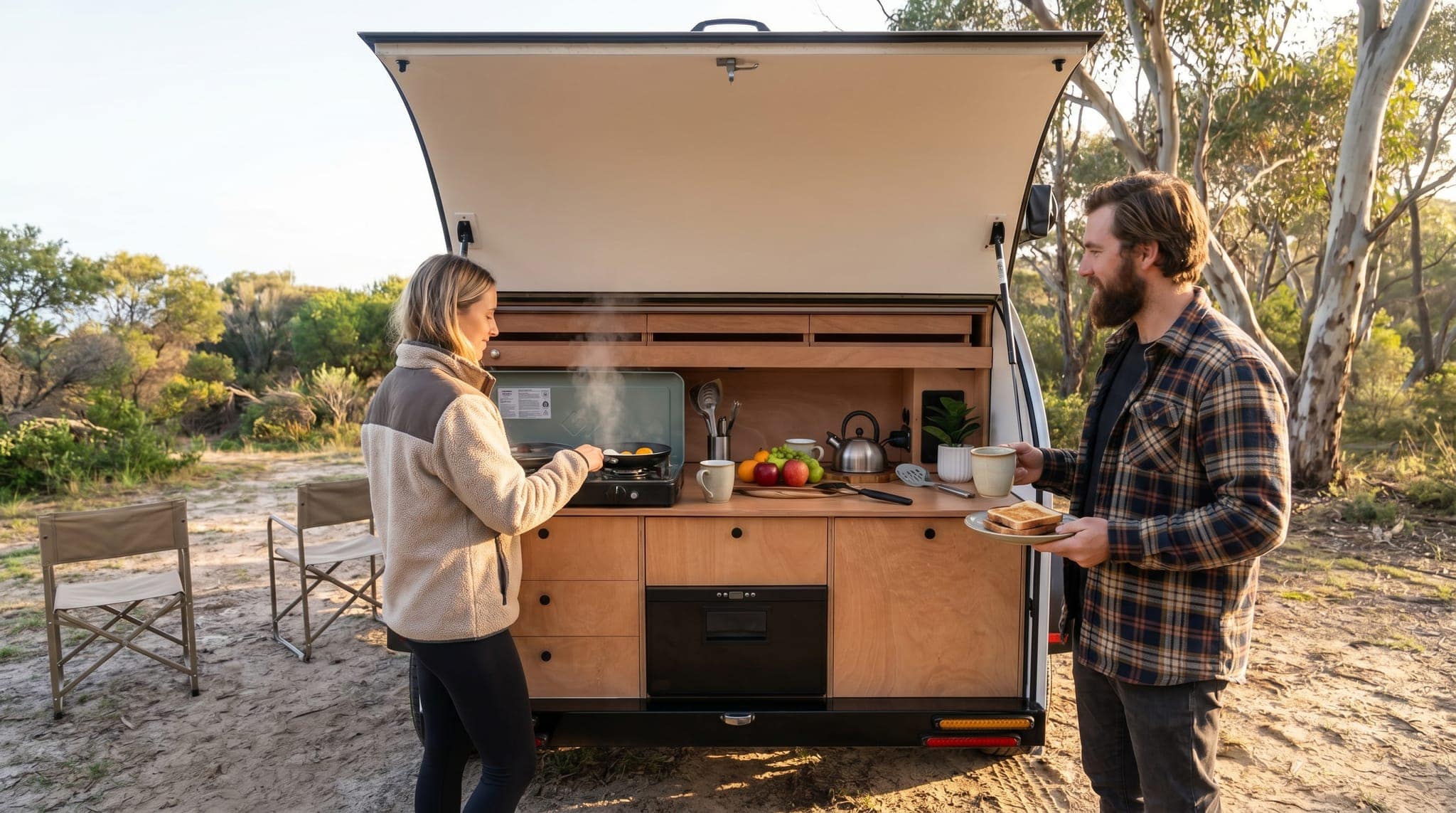 Premium lightweight JAG camper rear kitchen at campsite