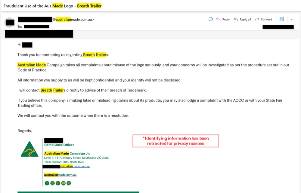 Correspondence from Australian Made Campaign regarding alleged Australian Made logo misuse by Breath Trailers