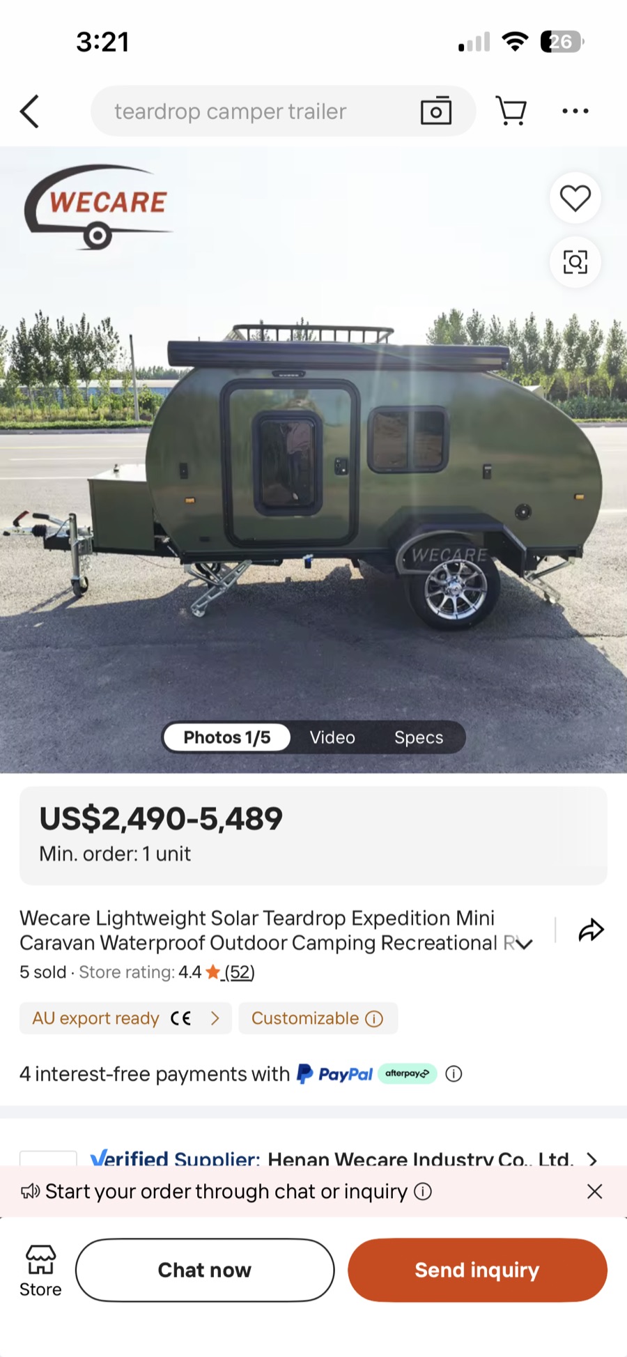 Alibaba listing screenshot showing a Wecare teardrop camper relevant to Breath Trailer made in China buyer questions