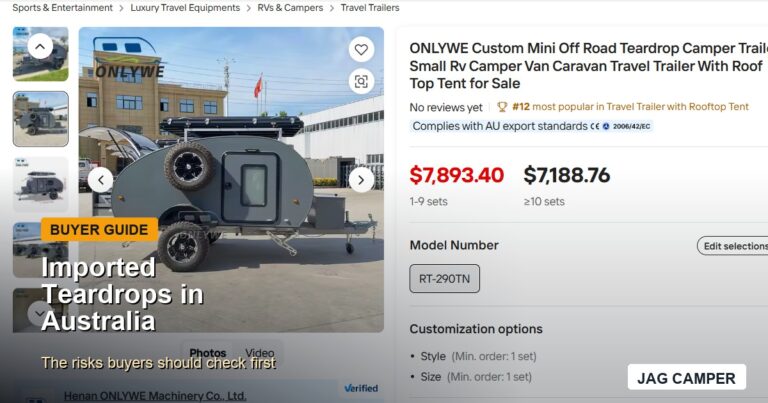 Imported teardrop camper listing being reviewed for Australian buyer risks