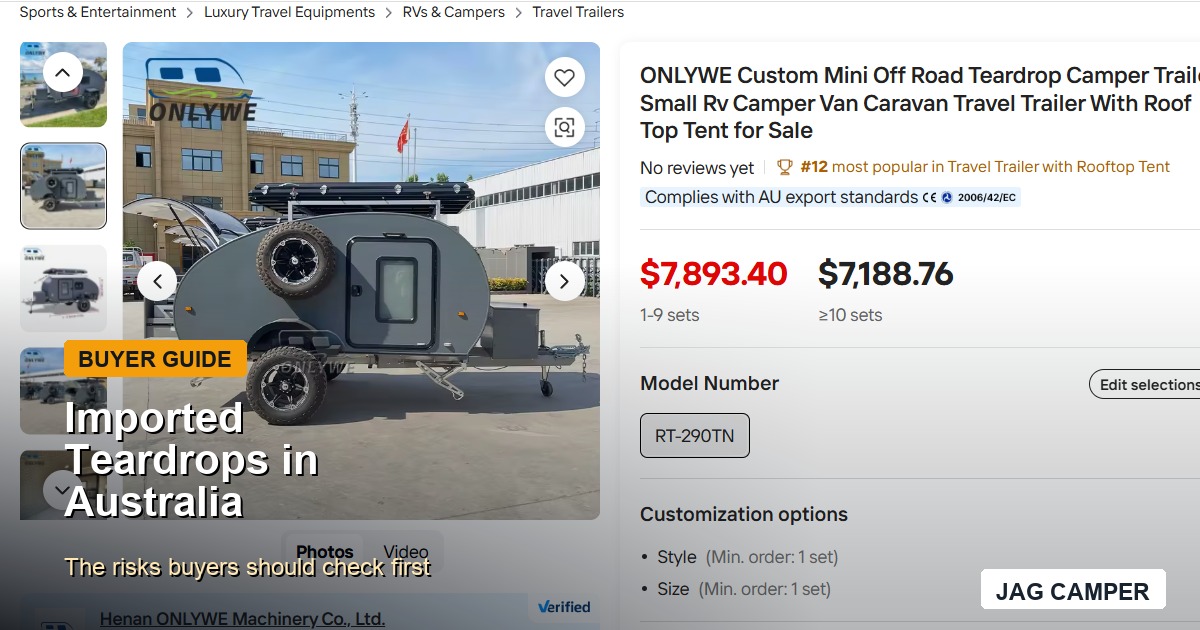 Imported teardrop camper listing being reviewed for Australian buyer risks