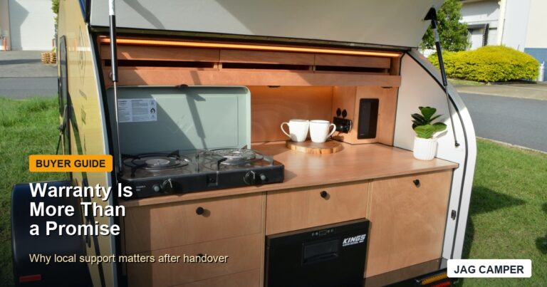 JAG teardrop camper kitchen used to explain teardrop camper warranty support in Australia